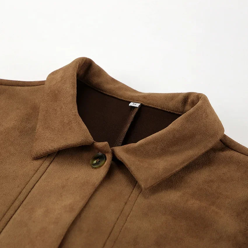 Brown Faux Suede Jacket Women’s Long Sleeve Lapel Coat with Pockets