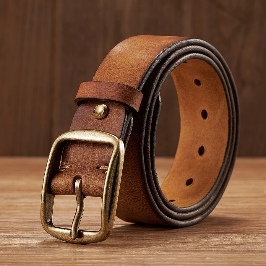 Men's Leather Belt in Brown Cowhide with Copper Pin Buckle