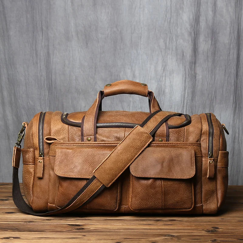 Brown Genuine Leather Duffle Overnight Bag