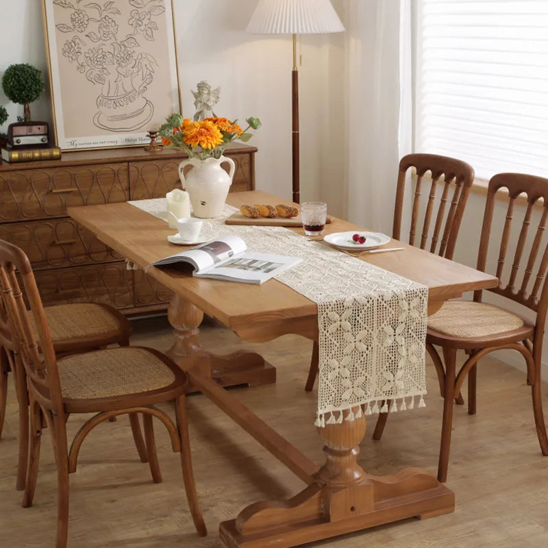 Boho Macrame Table Runner Cream Beige with Tassels