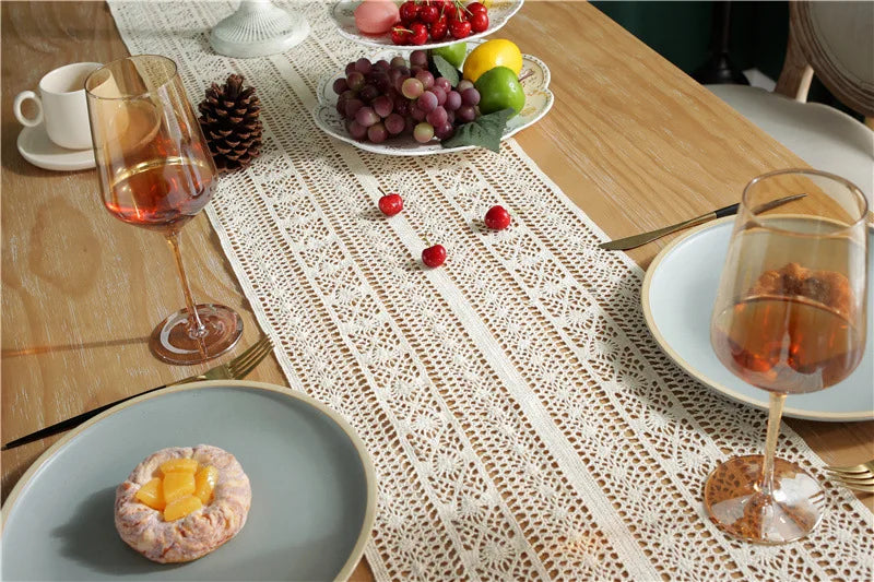 Boho Macrame Table Runner Cream Beige with Tassels