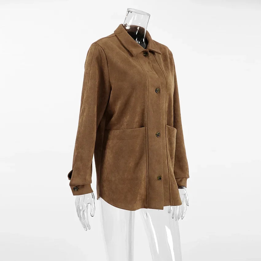 Brown Faux Suede Jacket Women’s Long Sleeve Lapel Coat with Pockets