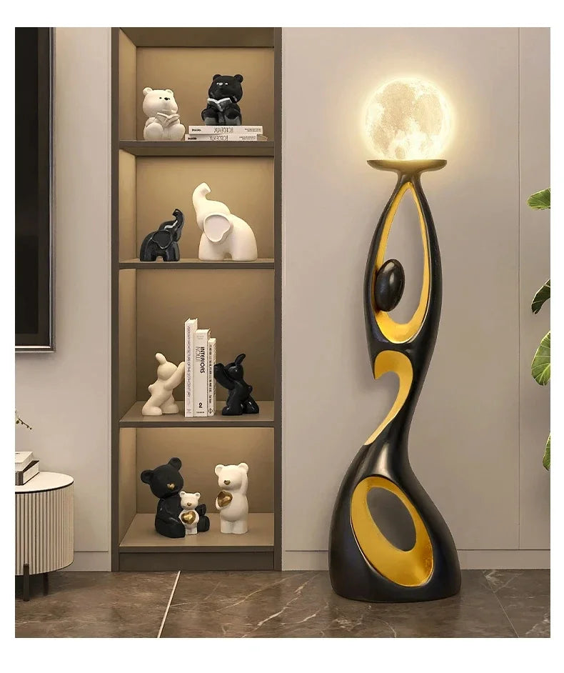 Artistic Resin Standing Light Sculptural Black and Gold Moon Floor Lamp