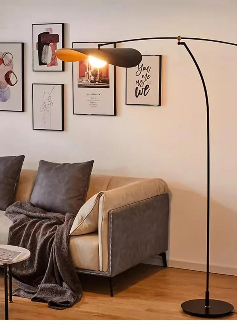 Modern Black and Gold Arc Floor Lamp Boho Hat Shade