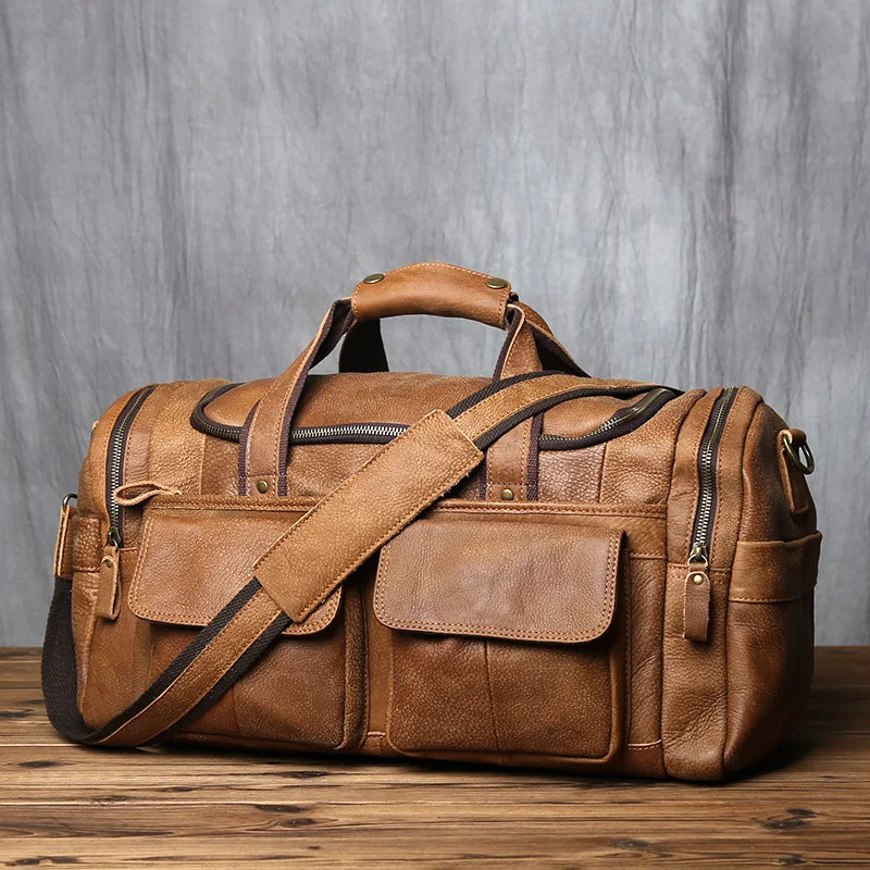 Brown Genuine Leather Duffle Overnight Bag