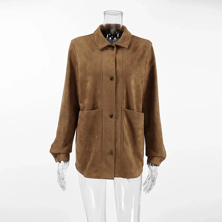 Brown Faux Suede Jacket Women’s Long Sleeve Lapel Coat with Pockets