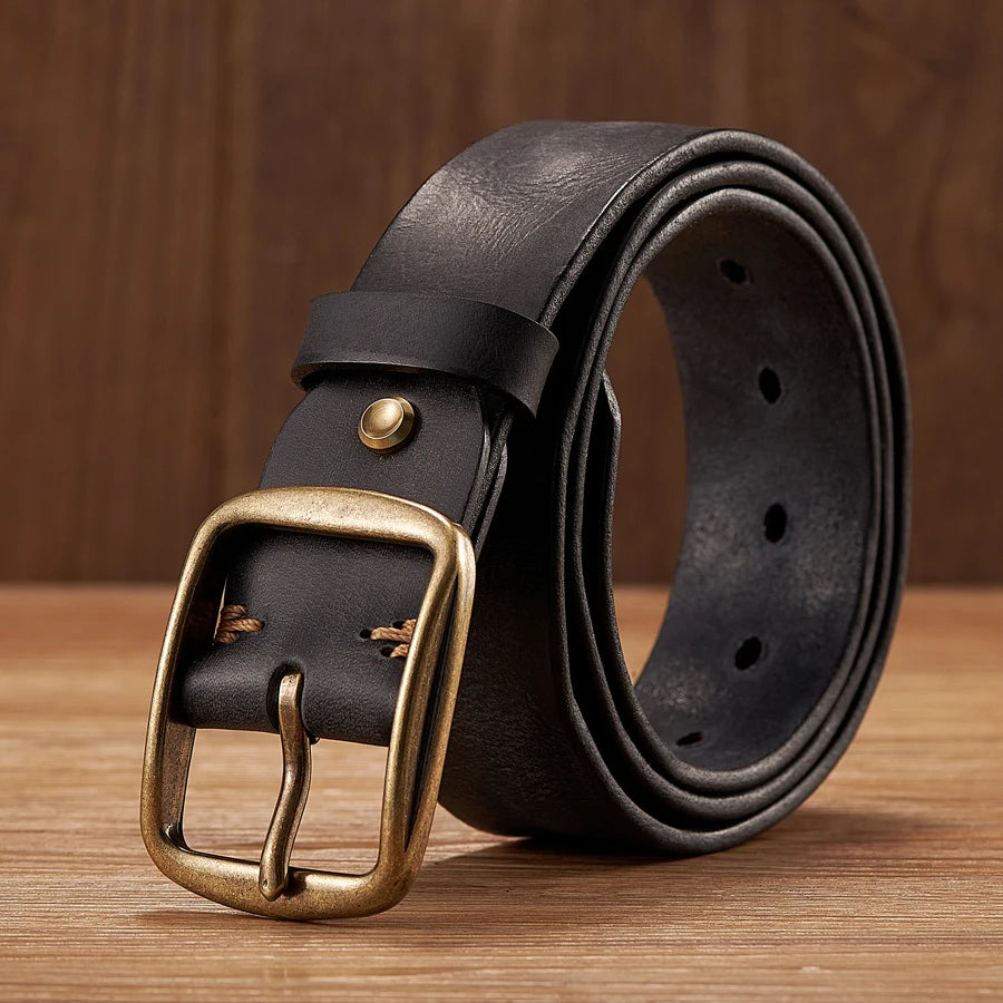 Men's Leather Belt in Brown Cowhide with Copper Pin Buckle