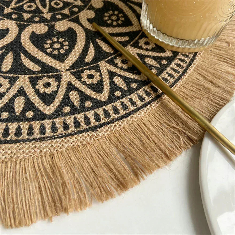 Vintage Round Linen Jute Placemats Set with Tassels