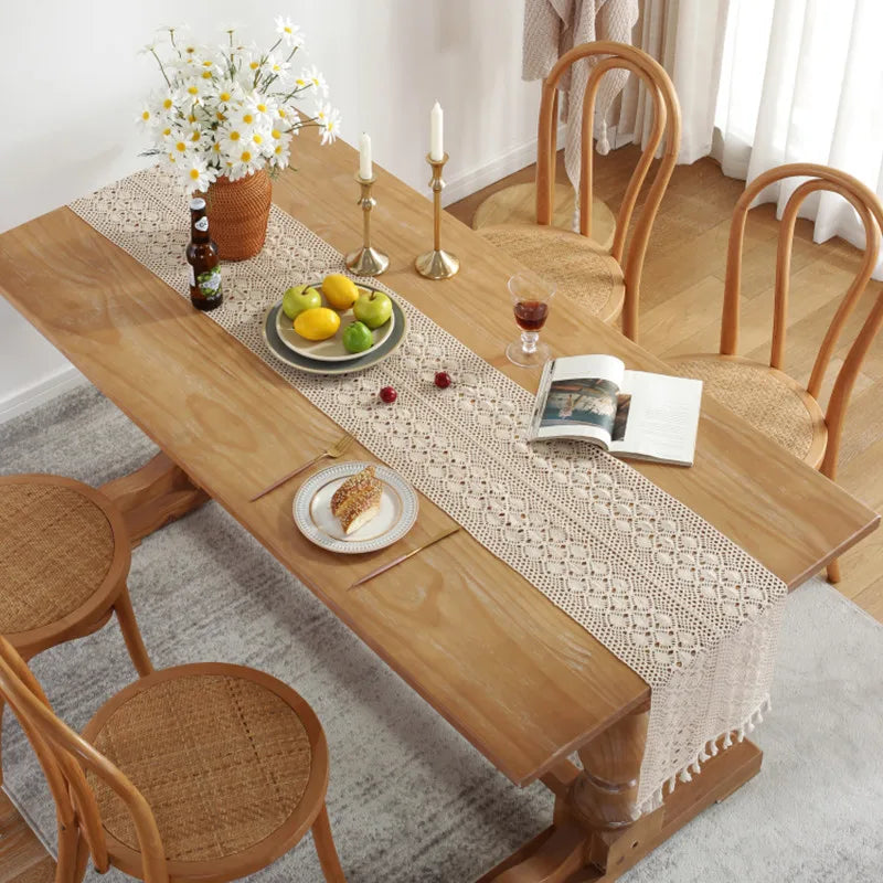 Boho Macrame Table Runner Cream Beige with Tassels
