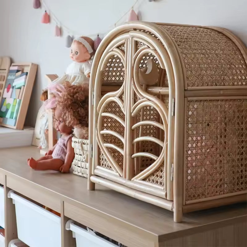 Handmade Rattan Toy Storage Cabinet with Drawers