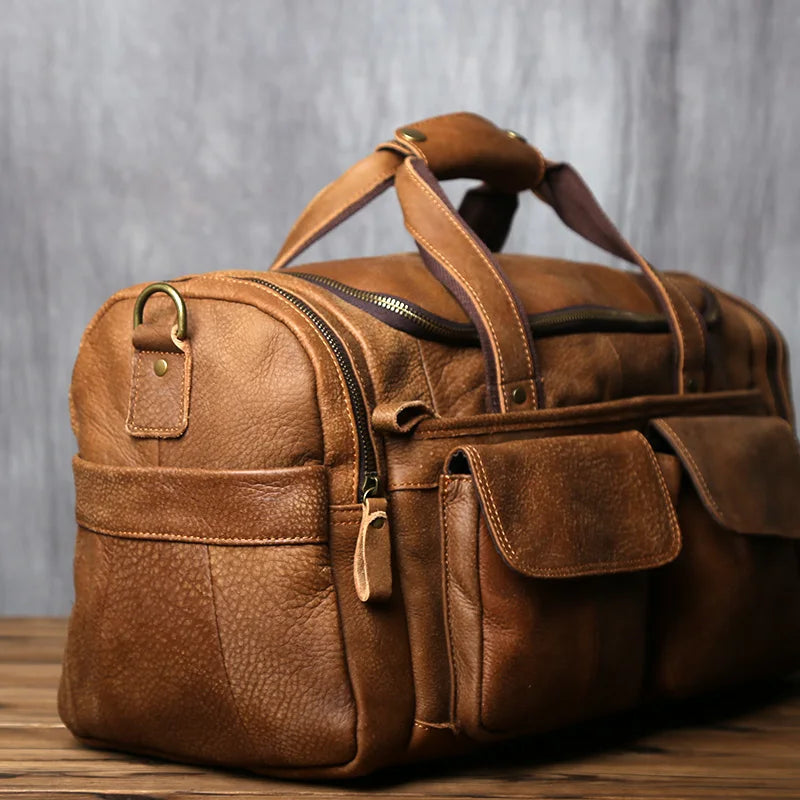 Brown Genuine Leather Duffle Overnight Bag