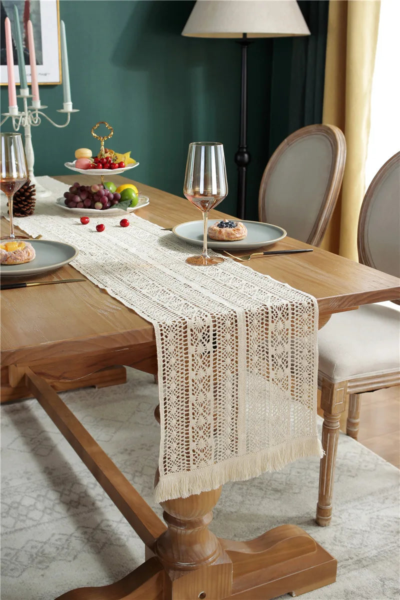 Boho Macrame Table Runner Cream Beige with Tassels