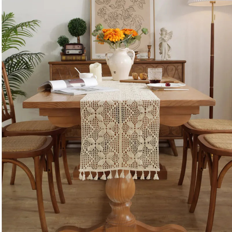 Boho Macrame Table Runner Cream Beige with Tassels
