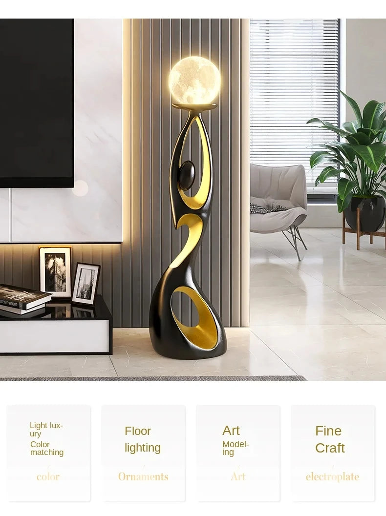 Artistic Resin Standing Light Sculptural Black and Gold Moon Floor Lamp