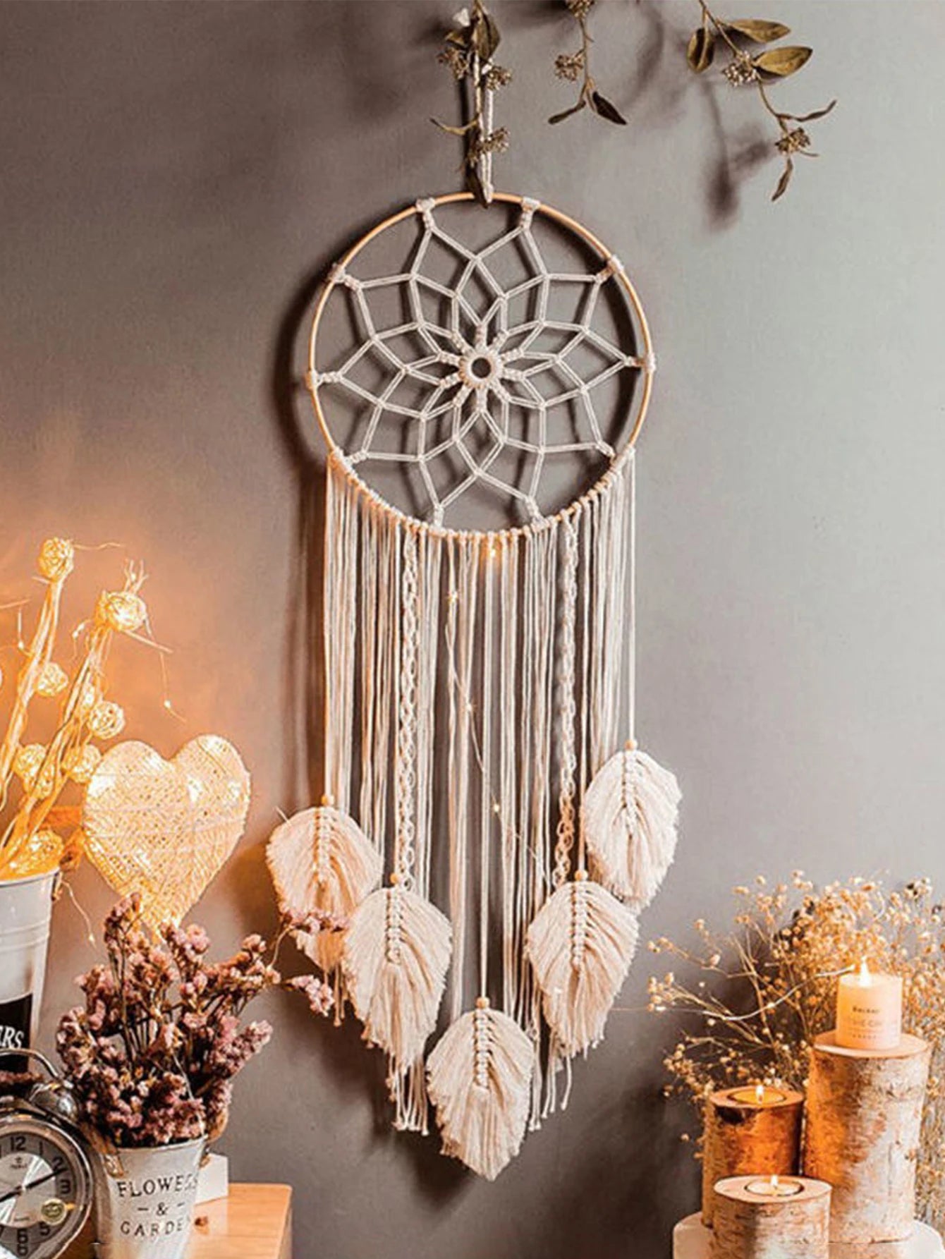 Large Macrame Dream Catcher Wall Hanging with Leaf Tassels