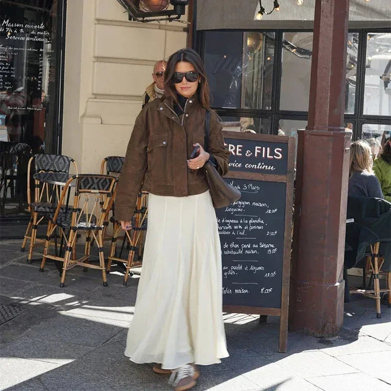 Dark Brown Faux Suede Moto Jacket Women’s Loose Fit