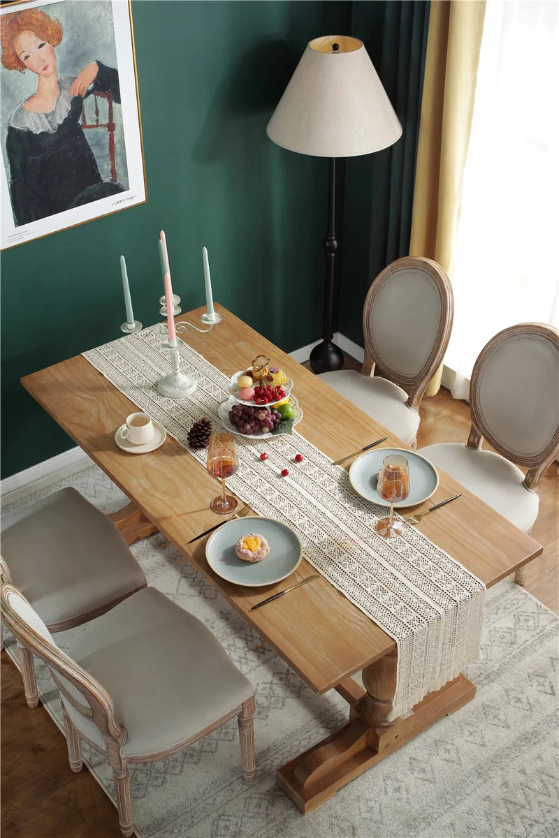 Boho Macrame Table Runner Cream Beige with Tassels