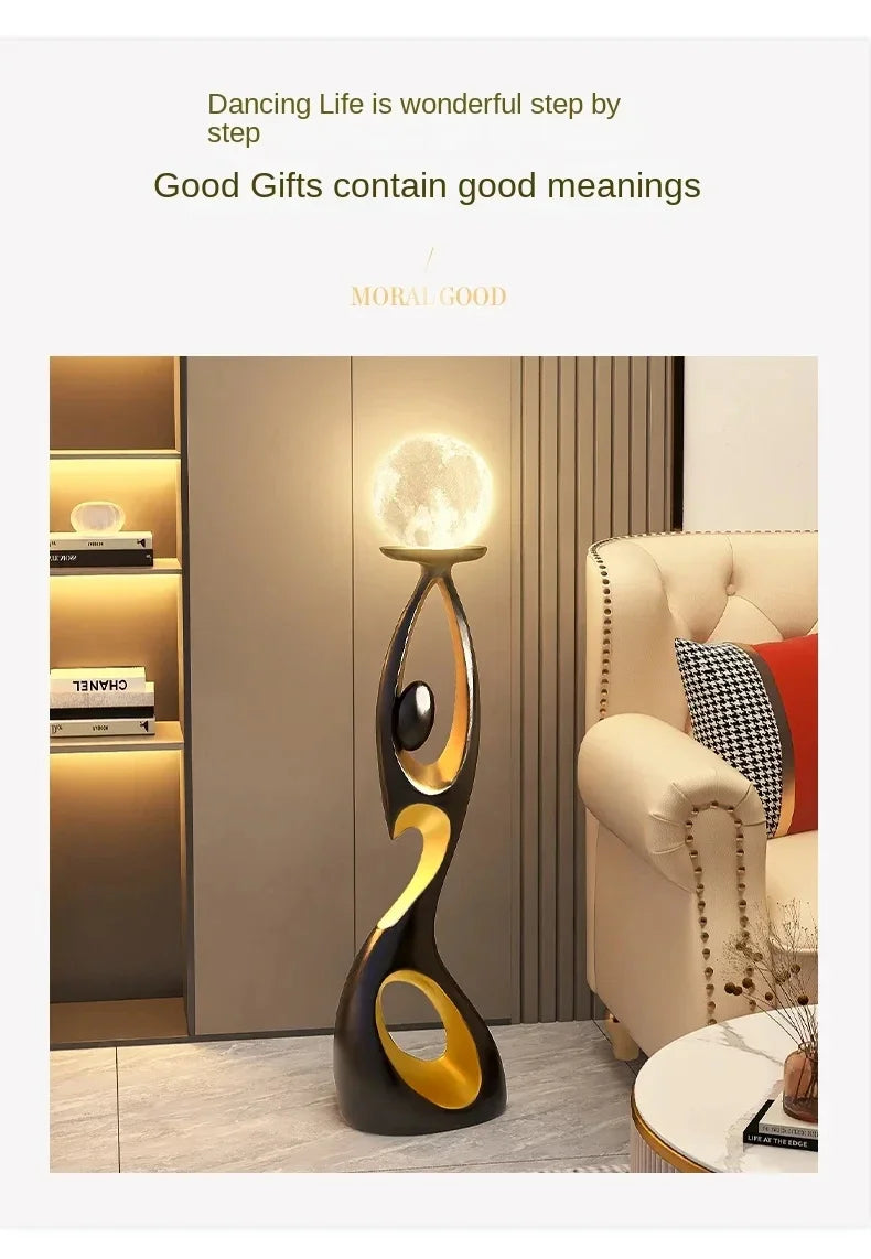 Artistic Resin Standing Light Sculptural Black and Gold Moon Floor Lamp