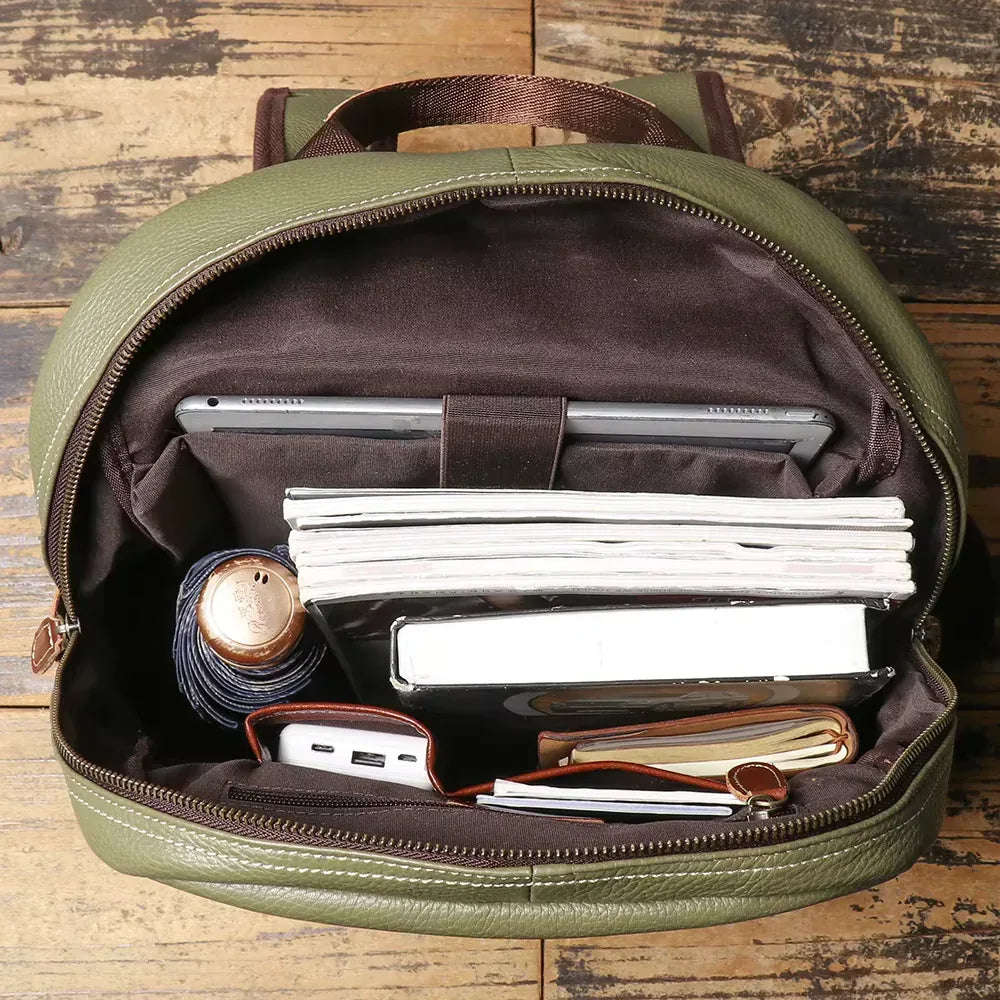 Men’s Olive Green Leather Backpack with Laptop Compartment