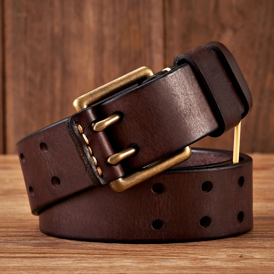 Wide Men’s Leather Belt with Double Needle Buckle