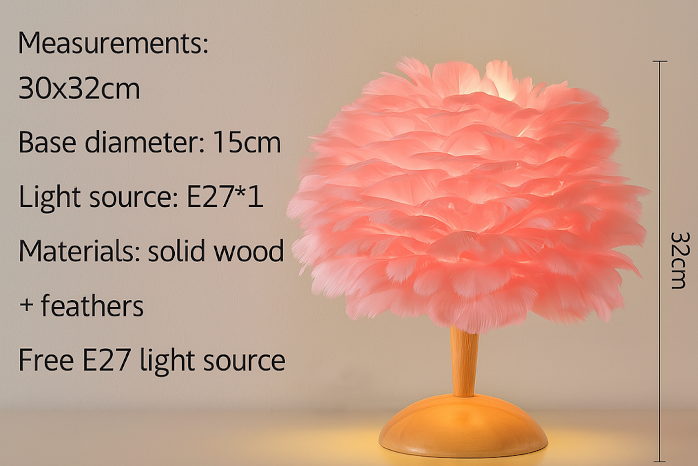 Feather Table Lamp for Bedroom with Wooden Base