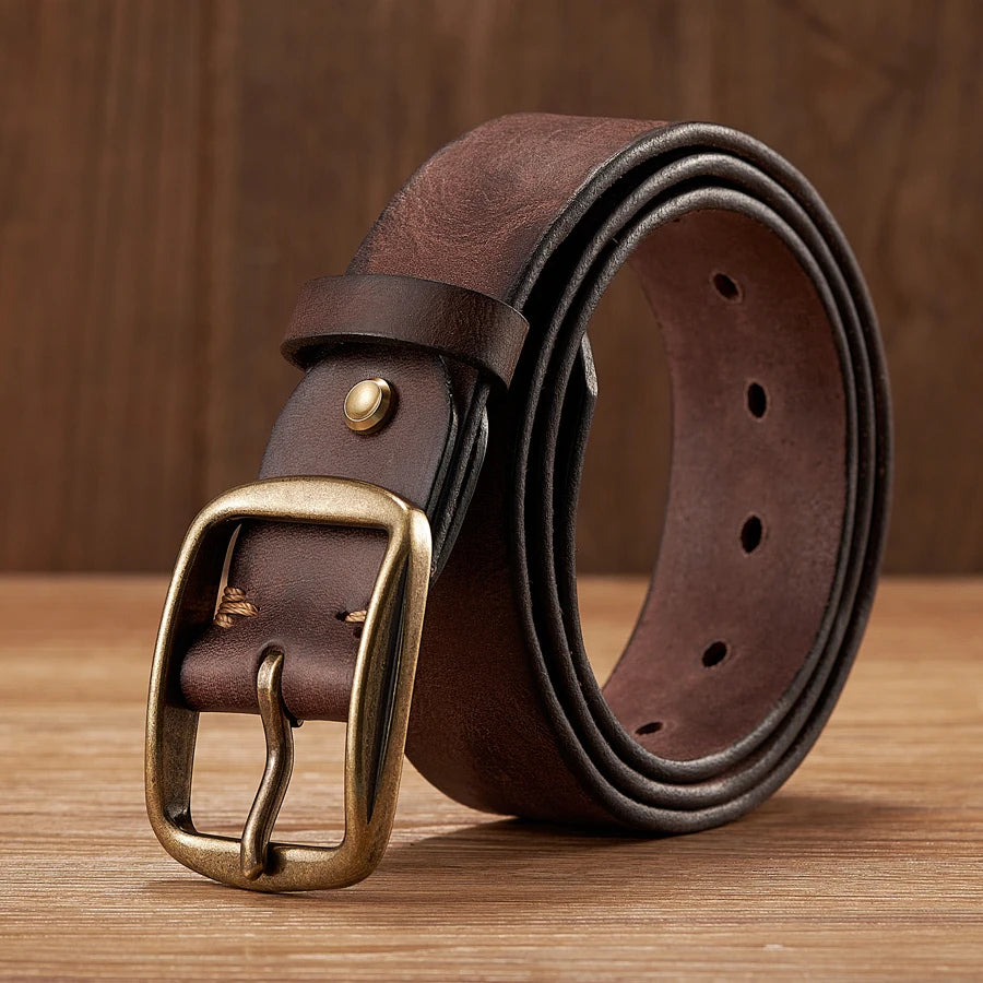 Men's Leather Belt in Brown Cowhide with Copper Pin Buckle