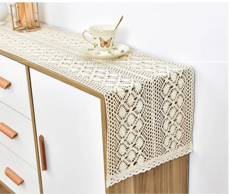Boho Macrame Table Runner Cream Beige with Tassels