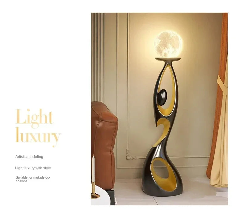 Artistic Resin Standing Light Sculptural Black and Gold Moon Floor Lamp