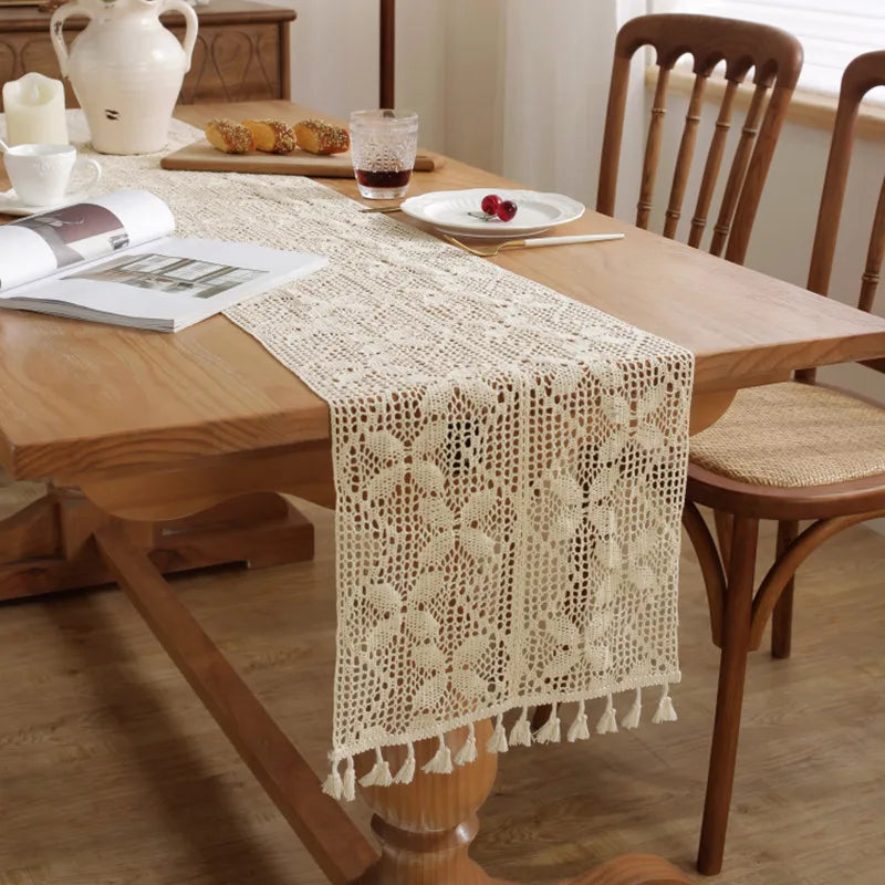 Boho Macrame Table Runner Cream Beige with Tassels