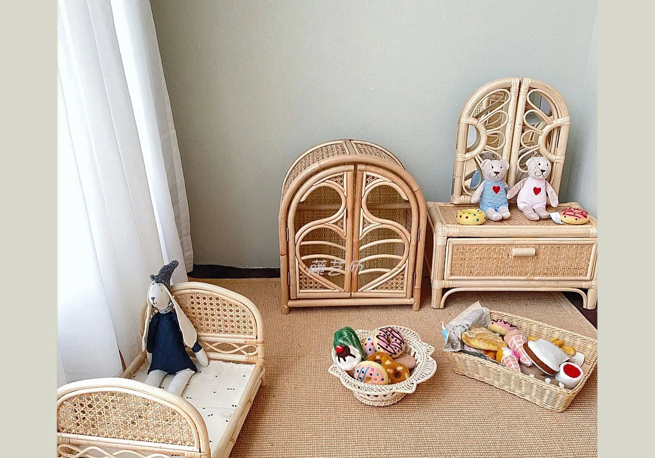 Handmade Rattan Toy Storage Cabinet with Drawers