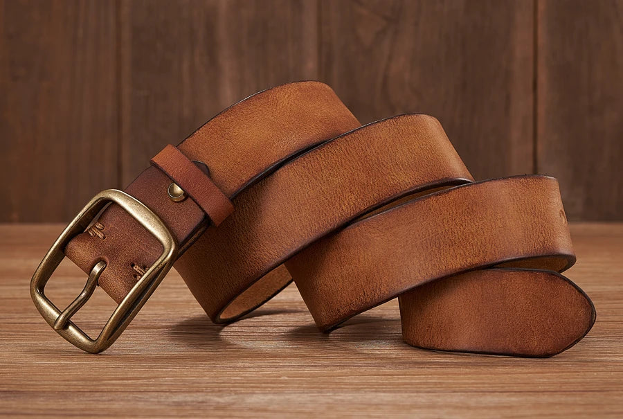 Men's Leather Belt in Brown Cowhide with Copper Pin Buckle