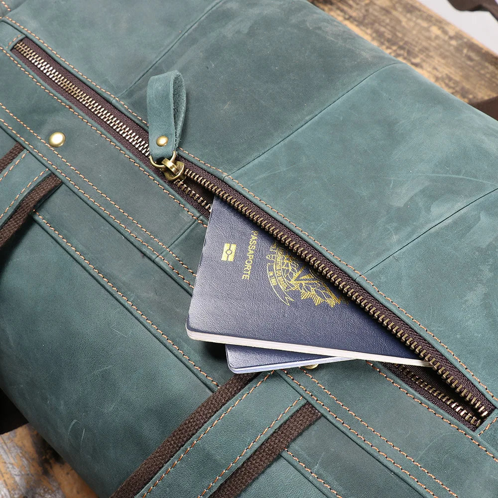 Men’s Leather Duffle Bag Blue Vintage Travel Weekender