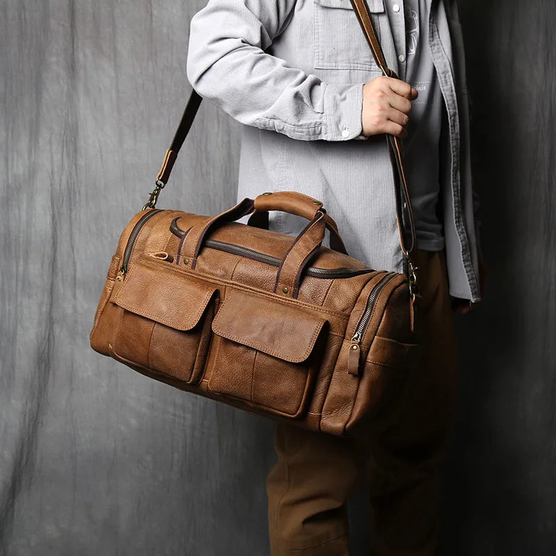 Brown Genuine Leather Duffle Overnight Bag