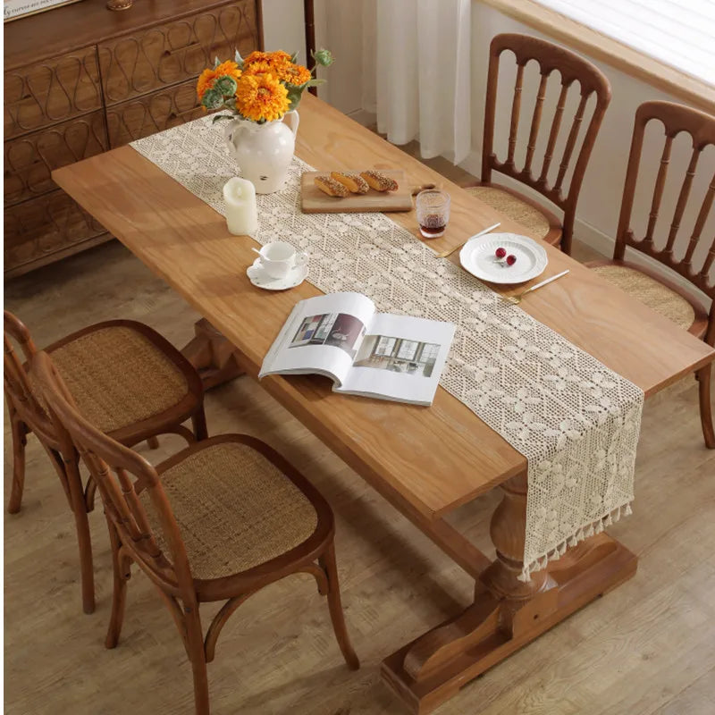 Boho Macrame Table Runner Cream Beige with Tassels