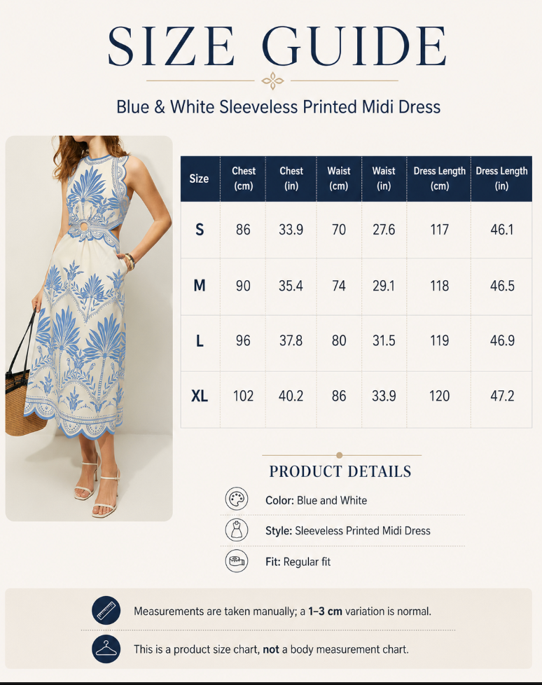 Scalloped-border midi dress with decorative botanical motifs around the neckline and hem.