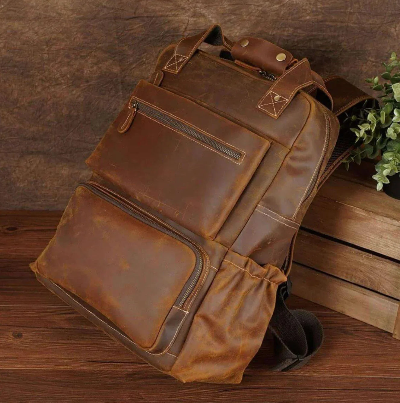 Rustic Brown Leather Laptop Backpack Travel Bag Solid Brown
