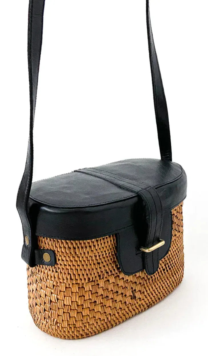 Natural Rattan Ata Grass Crossbody Bag Black
