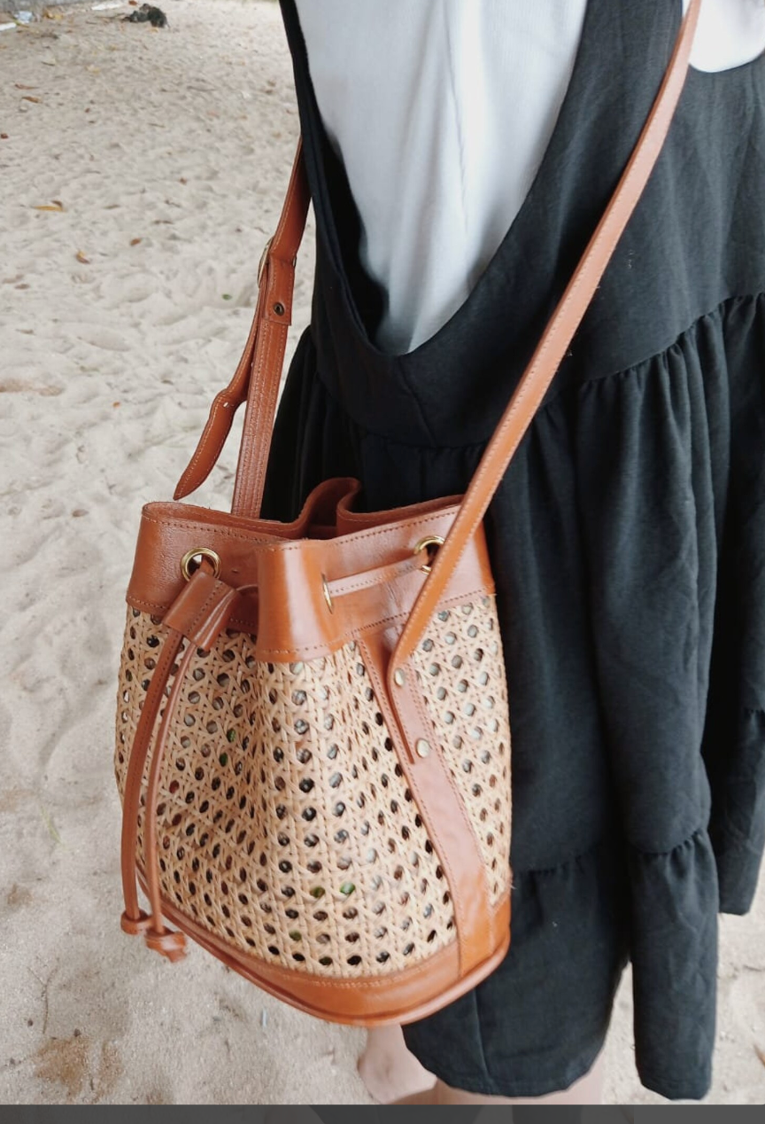 Handmade Rattan Leather Boho Drawstring Backpack Purse
