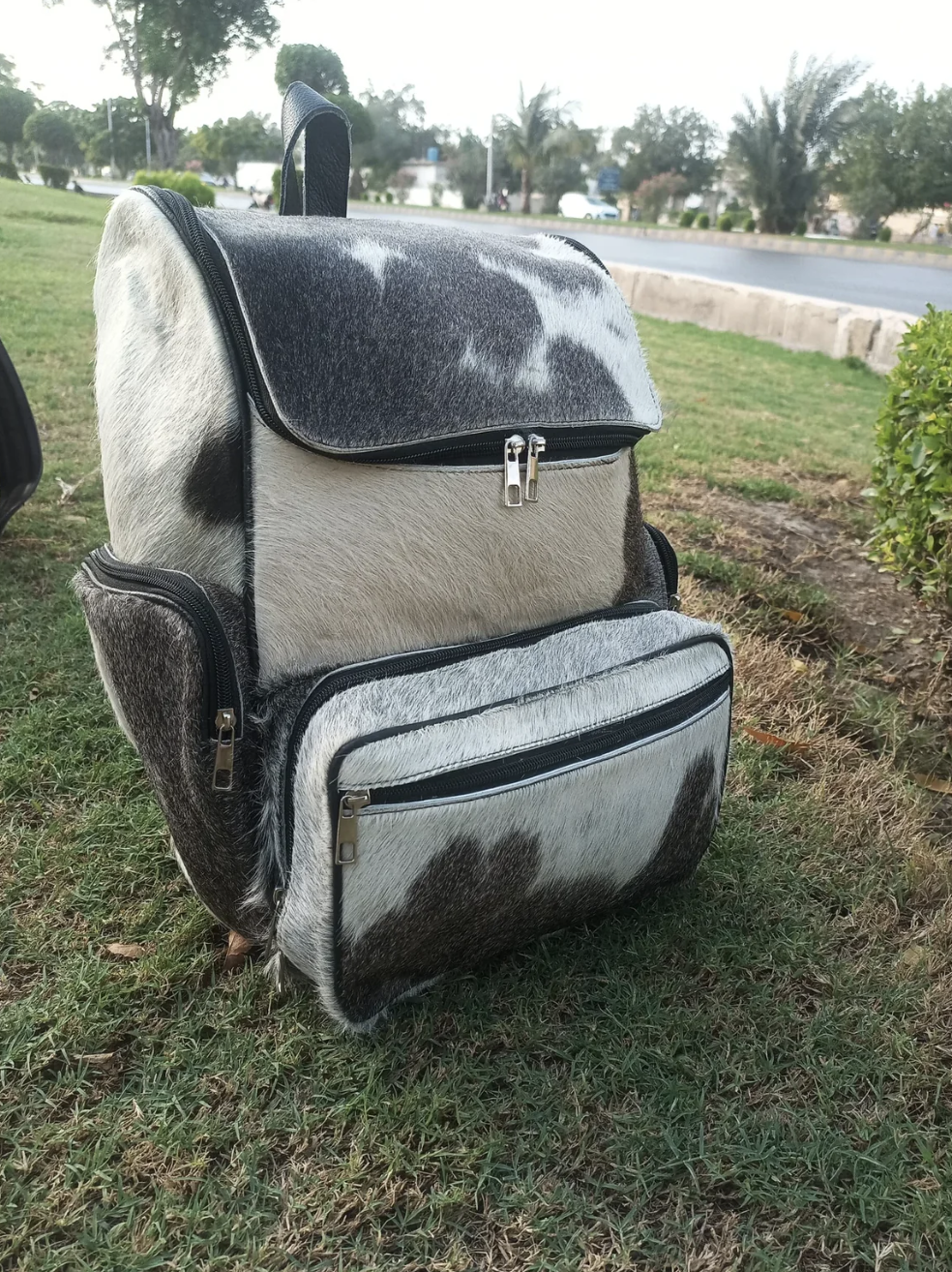 Cowhide Backpack Mommy Bag Grey White
