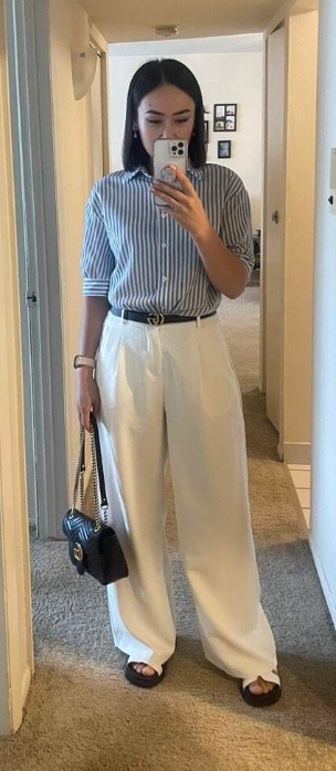 button down striped short sleeve women's shirt