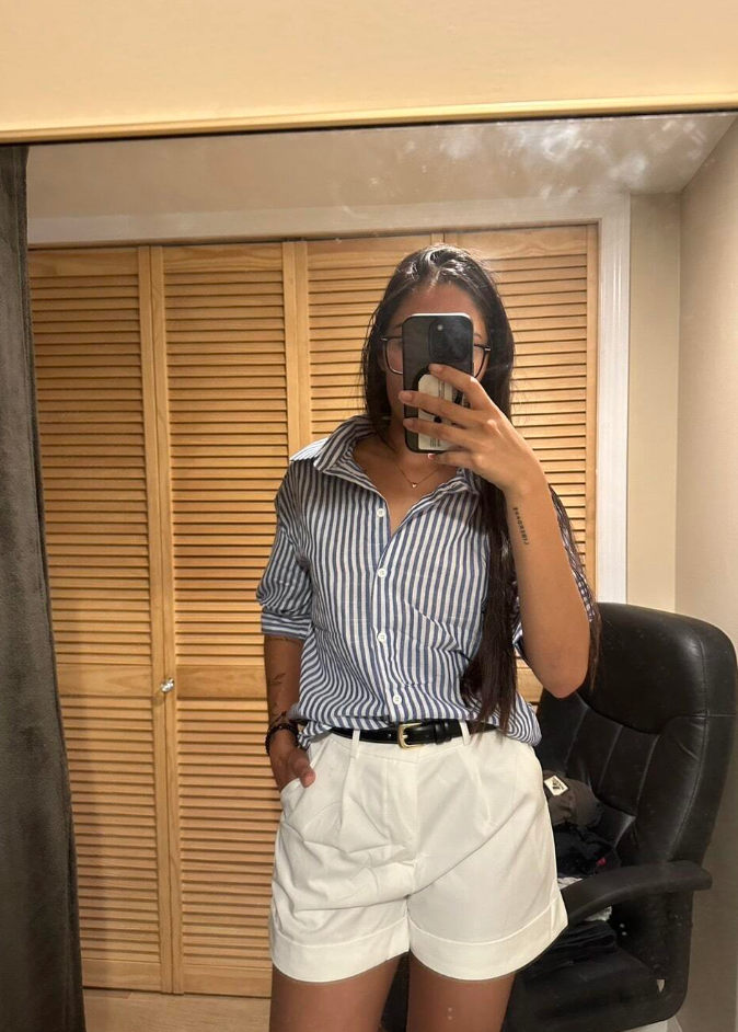 button down striped short sleeve women's shirt