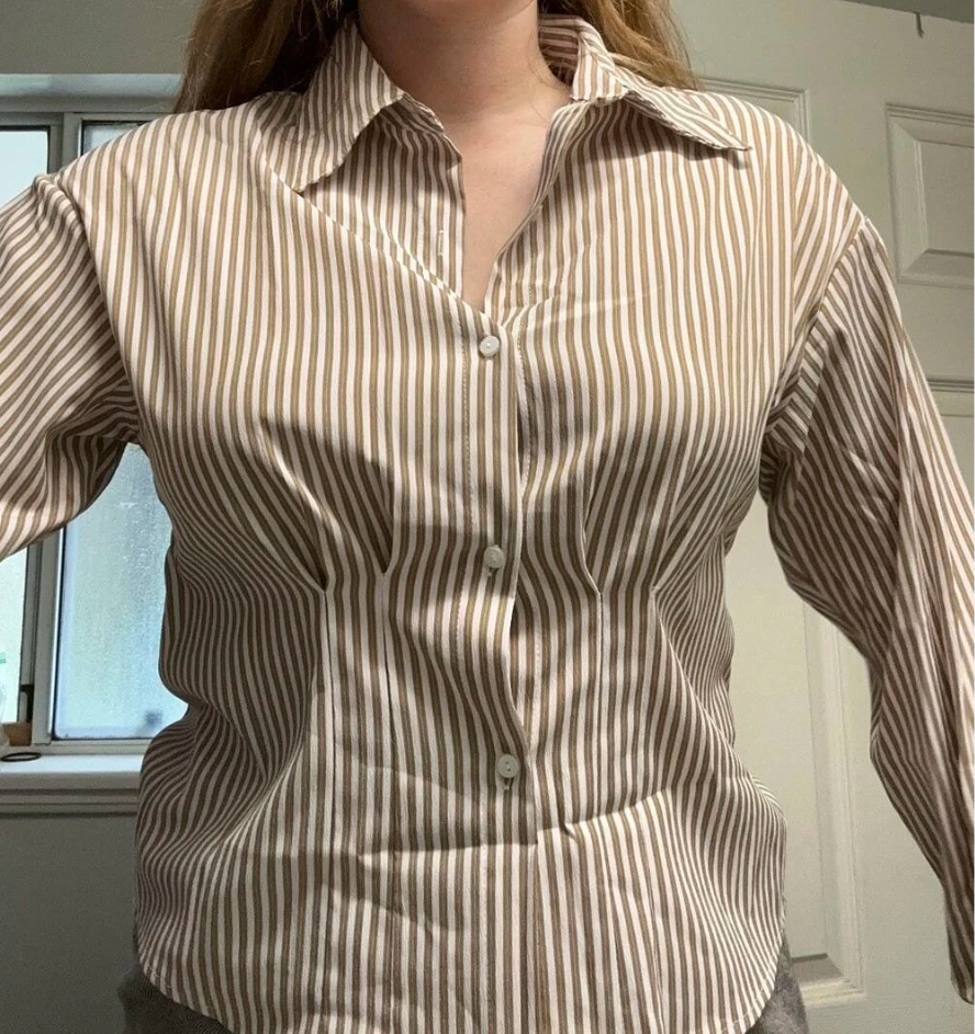 Beige Brown Women's Striped Button Down Shirt
