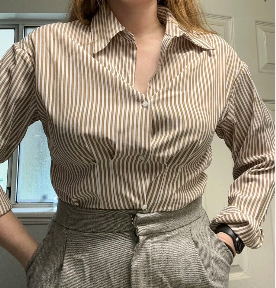 Beige Brown Women's Striped Button Down Shirt