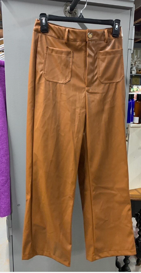 Women's Front Pocket Real Leather Pants Wide Leg