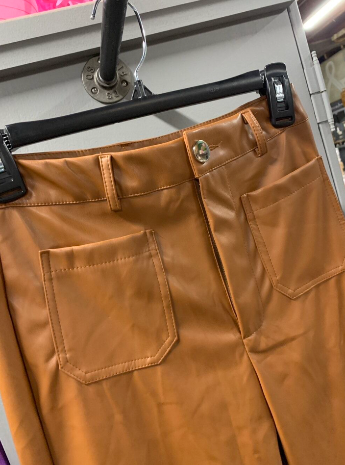 Women's Front Pocket Real Leather Pants Wide Leg