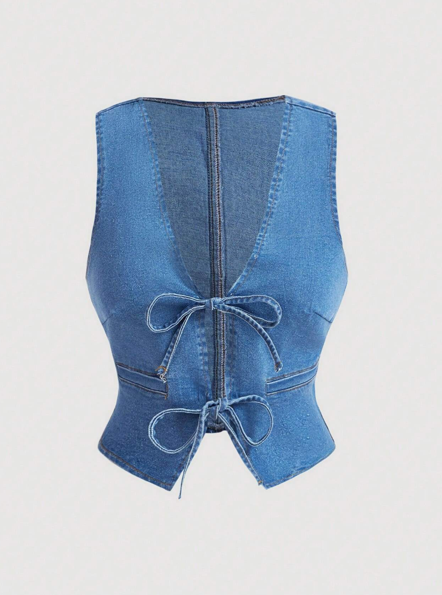 Front Tie Up Women Denim Vest Sleeveless
