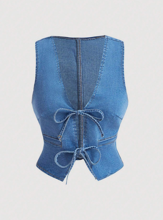 Front Tie Up Women Denim Vest Sleeveless