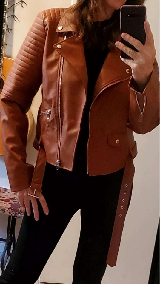 Brown Faux Leather Jacket for Women – Belted Biker Style