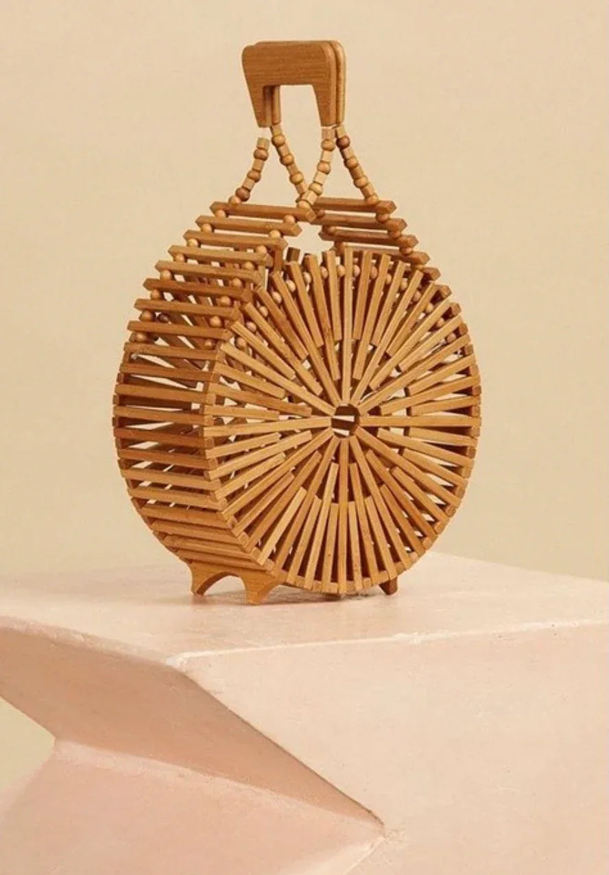 round bamboo handbag with handle