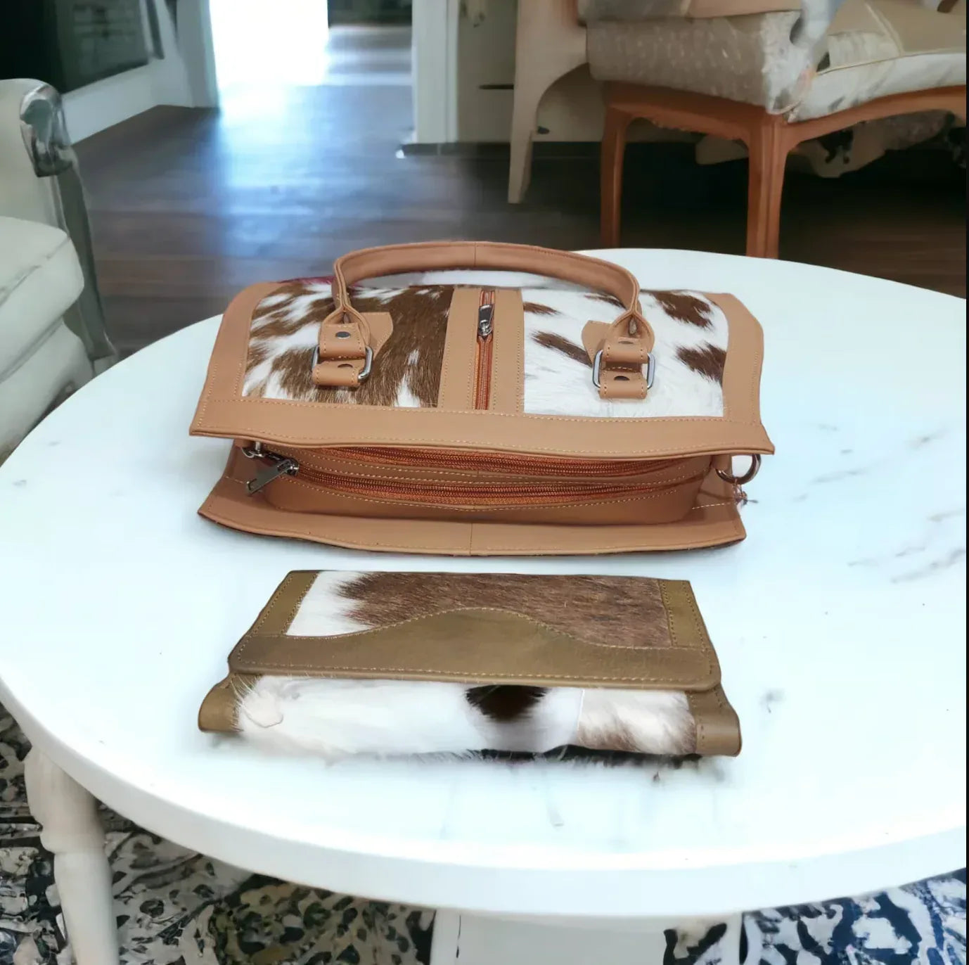 Brown and White Cowhide Shoulder Bag with Matching Clutch